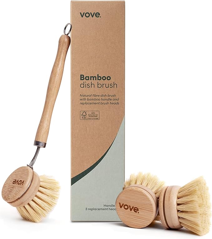 Vove Bamboo Dish Brush FSC-Certified - Includes 3 Replacement Heads - Natural Fiber Bristles - Non-Toxic Plastic-Free - Scrub Brush for Pots Pans &amp Dishes