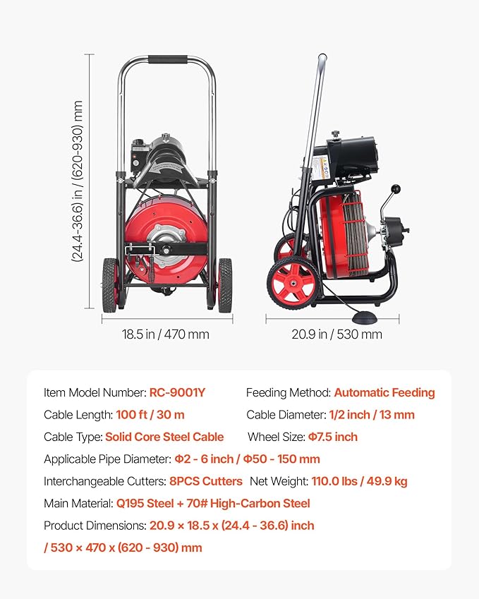 VEVOR Drain Cleaner Machine 100 FT x 1/2 Inch Auto Feed Sewer Snake Auger on Wheels - with 8 Cutters &amp Air-Activated Foot Switch for 2 to 6 Pipes