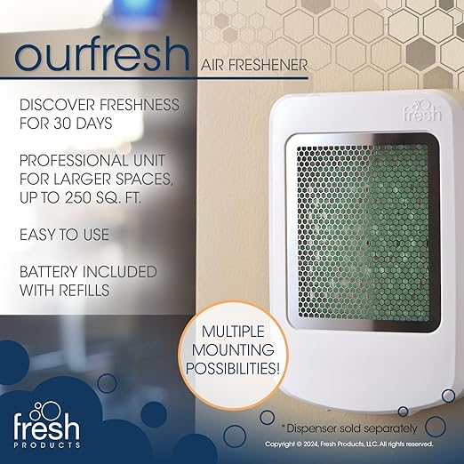 Fresh Products ourfresh 2 Air Freshener Replace Metered Aerosol with Dry Fragrance 30 Day Use Medium Sized Spaces Light Activated Battery Operated Batteries Included Cucumber Melon 8 pk