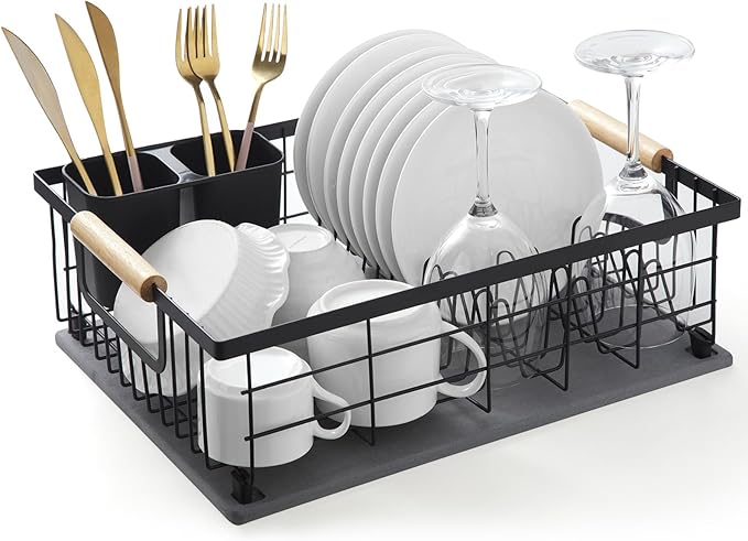 Dish Drying Rack with Stone Drying Mat Dish Drainer and Diatomaceous Earth Dish Mat Dish Drainers for Kitchen Counter with Stone Dish Mat