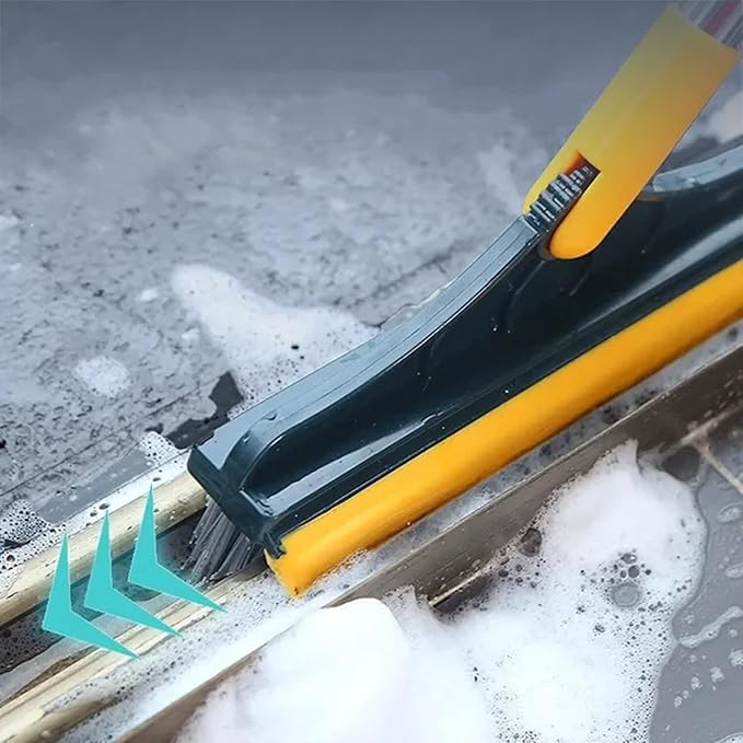 3 in 1 Adjustable Scrub Brush Floor Scrub Brush with Long Handle Floor Scrubber with Squeegee and Tweezer Push Broom with Long HandleHeavy-Duty Stiff 90° Bristle Broom (Blue)