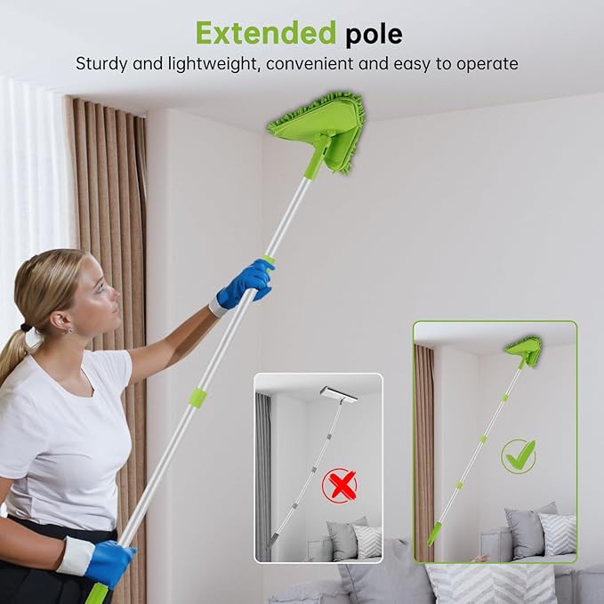 Wall &amp Baseboard Cleaner Mop Tool with 82'' Long Handle 360 Degree Rotating 3-in-1 Ceiling Cleaning Tool Duster for Cleaning Painted Walls Window Floor 6 Replacement Microfiber Chenille Pads