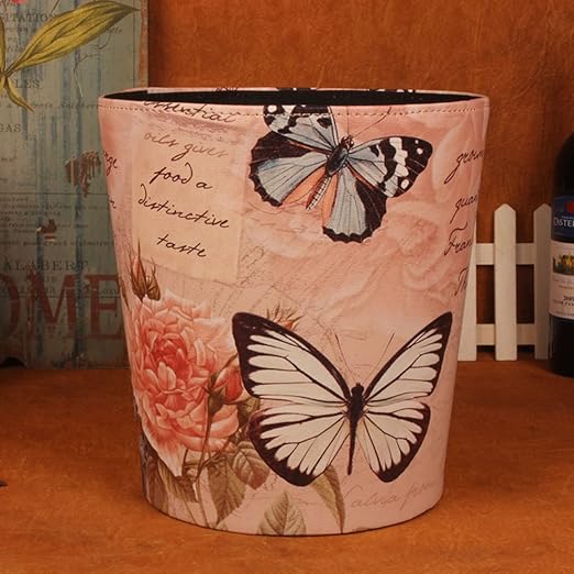 10L/2.64 Gallon Trash Can Decorative Waste Basket PU Leather Waste Paper Basket Waterproof Garbage Can for Bathroom Bedroom Office Kitchen and Living Room - Butterfly and Rose