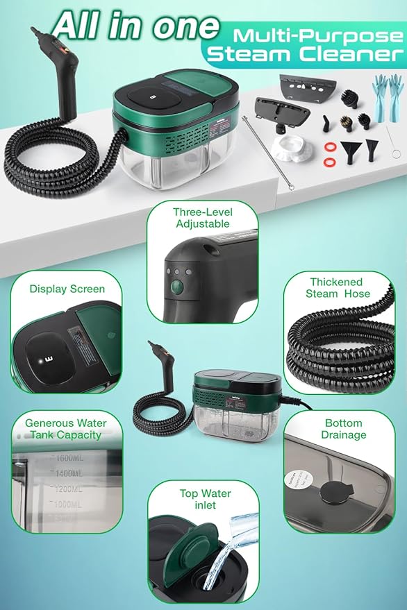 Handheld Steam Cleaner with Handle Control 1.6L Large Water Tank 3-Level Adjustable Thickened Hose Portable Steam Cleaner High Temperature Pressurized Steamer for Home Kitchen Car (Dark Green)