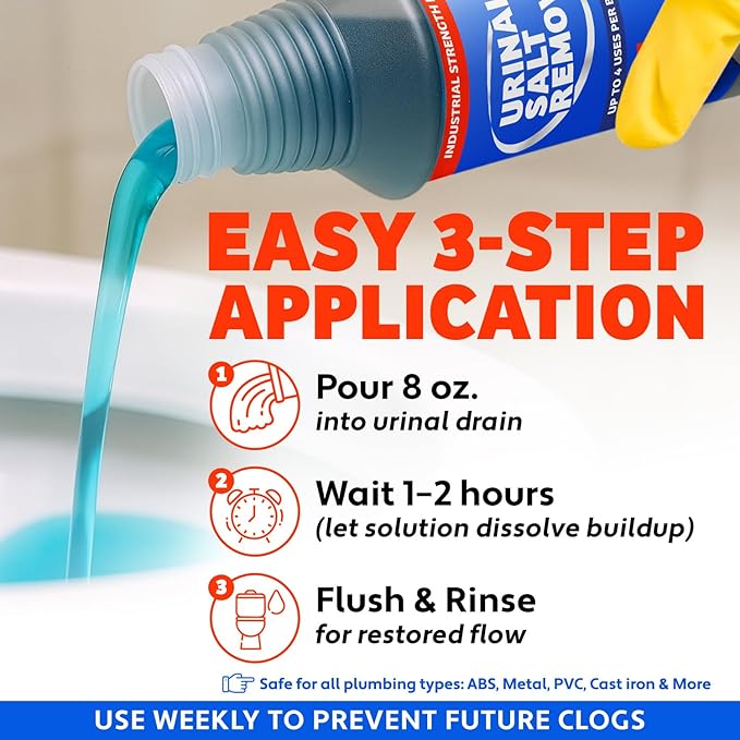Commercial-Grade Urinal Salt Remover – Made in the USA – Odor Neutralizing Urinal Cleaner for Salt Calcium Rust and Scale Build-Up – Safe For All Plumbing – 32 fl oz