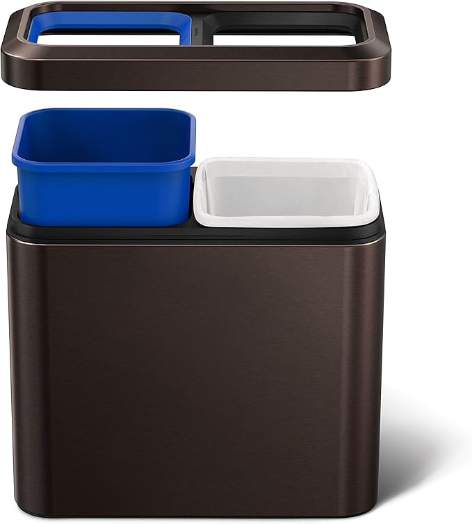 simplehuman 20 Liter / 5.3 Gallon Dual Compartment Recycling Can Slim Open Top Office Trash Can Commercial Grade Heavy Gauge Small Trash Can Dark Bronze Stainless Steel