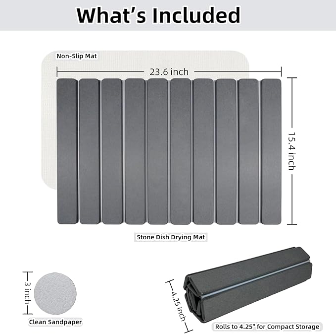 Large Stone Dish Drying Mat for Kitchen Counter Sink Bathtub Diatomaceous Earth Food Grade Super Absorbent Self-Drying Fast Dry Foldable Easy-to-Clean Eco-Friendly Drying Pad 24×16 Dark Gray