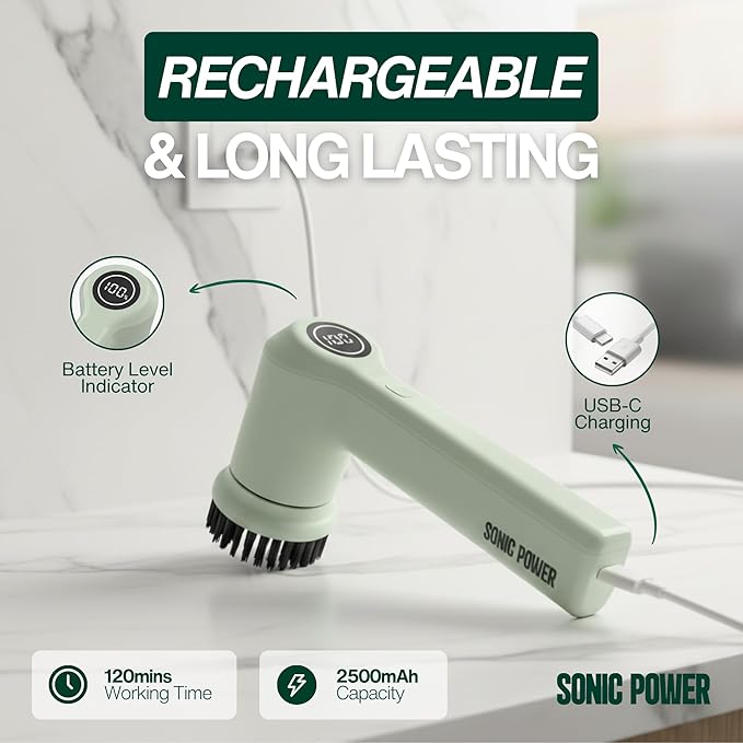 Electric Spin Scrubber – Handheld &amp Ergonomic IPX7 Waterproof 4 Multi-Purpose Brush Heads Long-Lasting Rechargeable Battery – Cleans Dishes Bathroom Tile Grout &amp Kitchen (Sage)