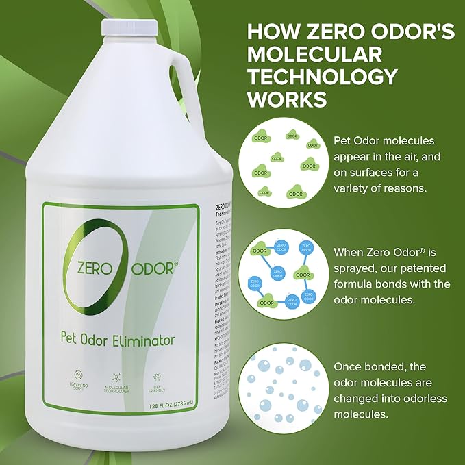 Zero Odor - Pet Odor Eliminator for strong odor Eliminate Air &amp Surface Odors – Patented Molecular Technology Best For Carpet Furniture Beds Smell Great Again (128 Ounces)
