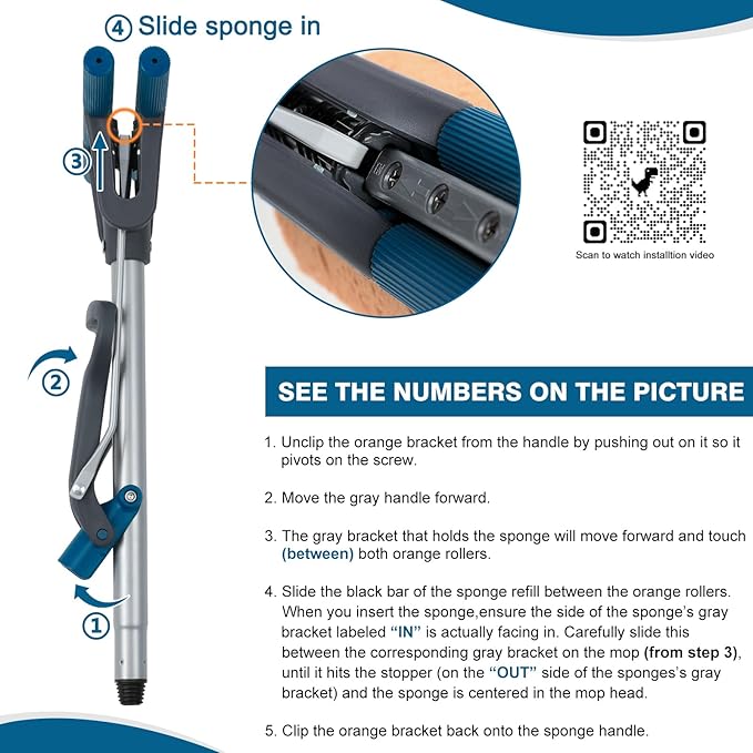 Sponge Mop for Floor Cleaning 50 Heavy Duty Roller Mop with 4 Cellulose Refill Heads Easy Self-Squeeze for Hardwood Tile Concrete Wall Ceiling