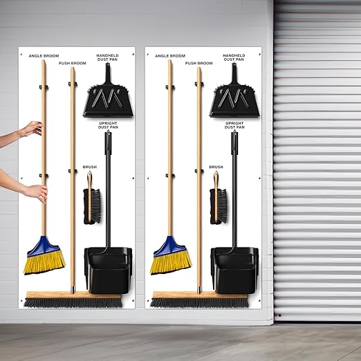 Clean &amp Sweep 5S Shadow Board/Wall Mount Broom Holder 68 x 30 Board 5S Cleaning Station - with Broom and Dustpan Set Included Made in The USA by AccuformNMC White/Black PSB116WTBK
