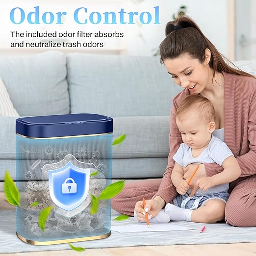 steo spce Bathroom Small Trash Can with Automatic Touchless Lid 2.6 Gallon Smart Garbage Can Narrow Waterproof Trash Bin for Bedroom Office Living Room (Dark Blue)