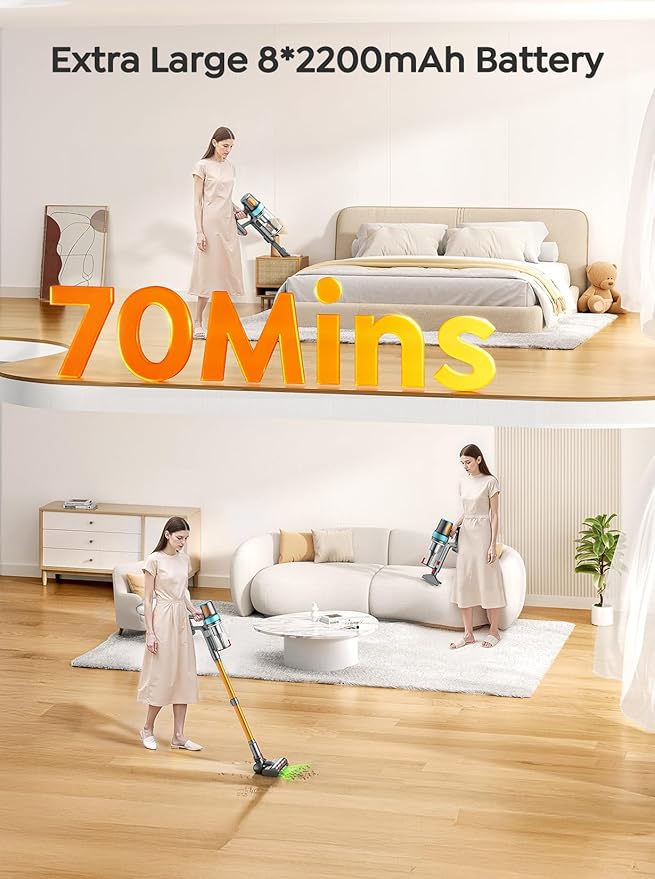 Cordless Vacuum Cleaner 650W 55KPA 70Mins Vacuum Cleaners for Home Upgraded Stick Vacuum with 3.3Ft Extendable Hose LED Touch Screen Wall Charging Station Auto Mode for Carpet Pet Hair Hard Floor