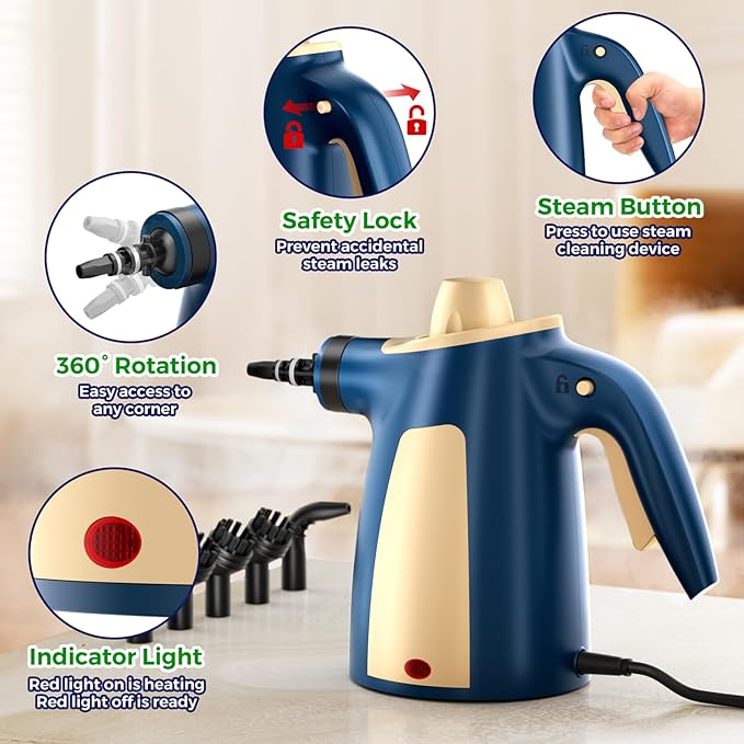 Steam Cleaner Pressurized Handheld Multi-Surface Natural Steam Cleaner with 12 PCS Accessories &amp Safety Lock 350ML Large Capacity Steamer for Car Home Upholstery Kitchen Window Grime and M