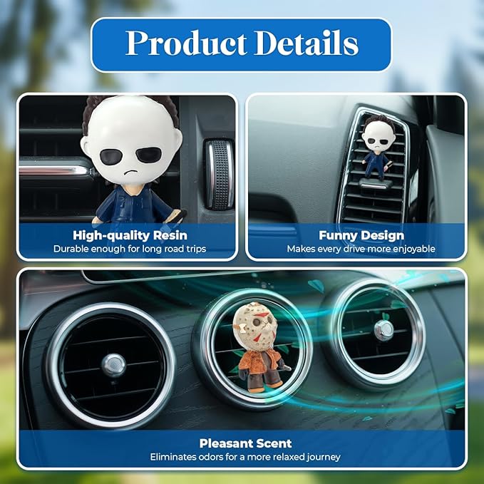 GENANY 3D Resin Horror Movie Killer Character Car Air Freshener Vent Clips Spooky Car Freshener Horror Air Freshener Gothic Gifts for Women and Men Cool Spring Gifts For Horror Fans