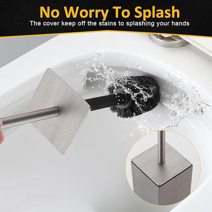 Toilet Brush and Holder Floor Standing Brushed Nickel with 2 Replaceable Heads Freestanding Toilet Bowl Brush with Removable Liner and Splash Guard Modern Square Design