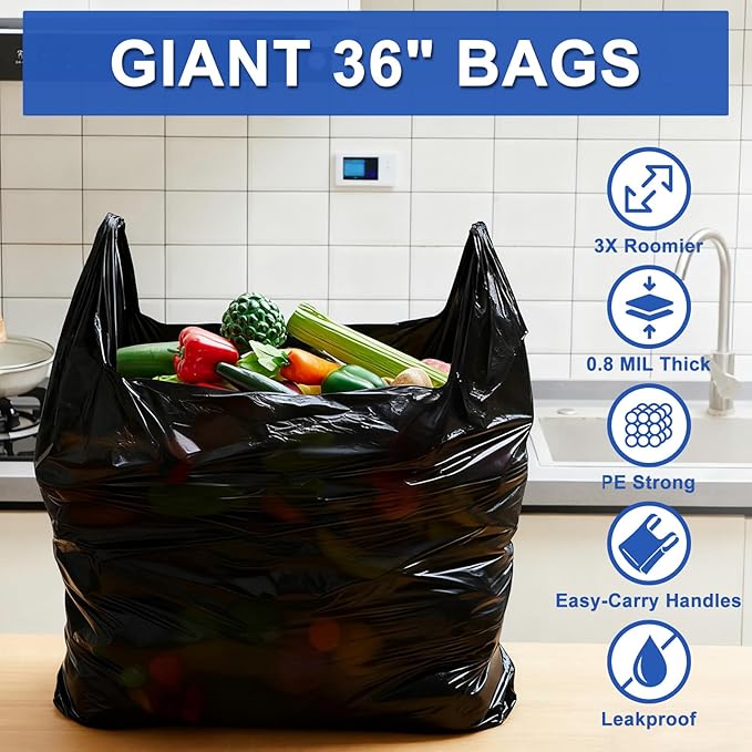 200 Pack 36'' x 24'' x 8'' Extra Large Black Plastic Shopping Bags(0.8 Mil Thick) Reusable Heavy Duty Large T-shirt Grocery Bags Bulk with Handles for Restaurant Retail Business
