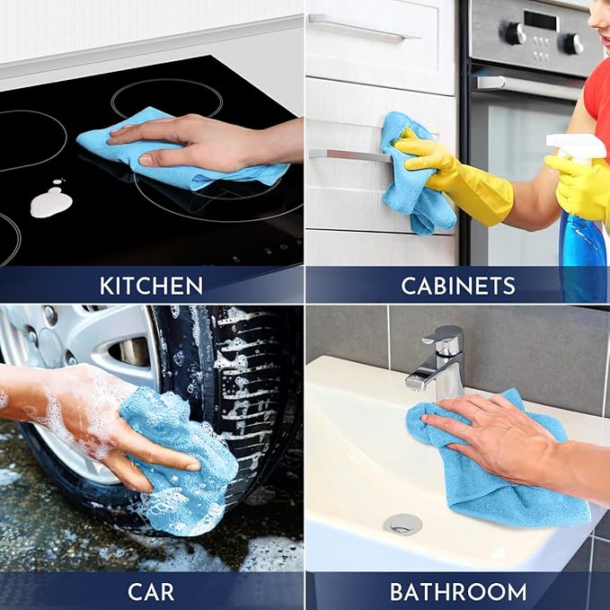 GLIMGLINT Blue Microfiber Cleaning Cloth150PK Reusable Cleaning RagsHighly Absorbent Shop Rags BulkAll-Purpose Car Cleaning Towels for TV Screen Kitchen Bathroom Restaurant Garage 14X12