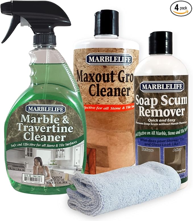Marblelife Bathroom Combo Kit With Marble &amp Travertine Cleaner MaxOut Deep Grout Cleaner for Tile Floors Soap Scum Remover For Shower &amp Other Surfaces Includes A Cleaning Cloth