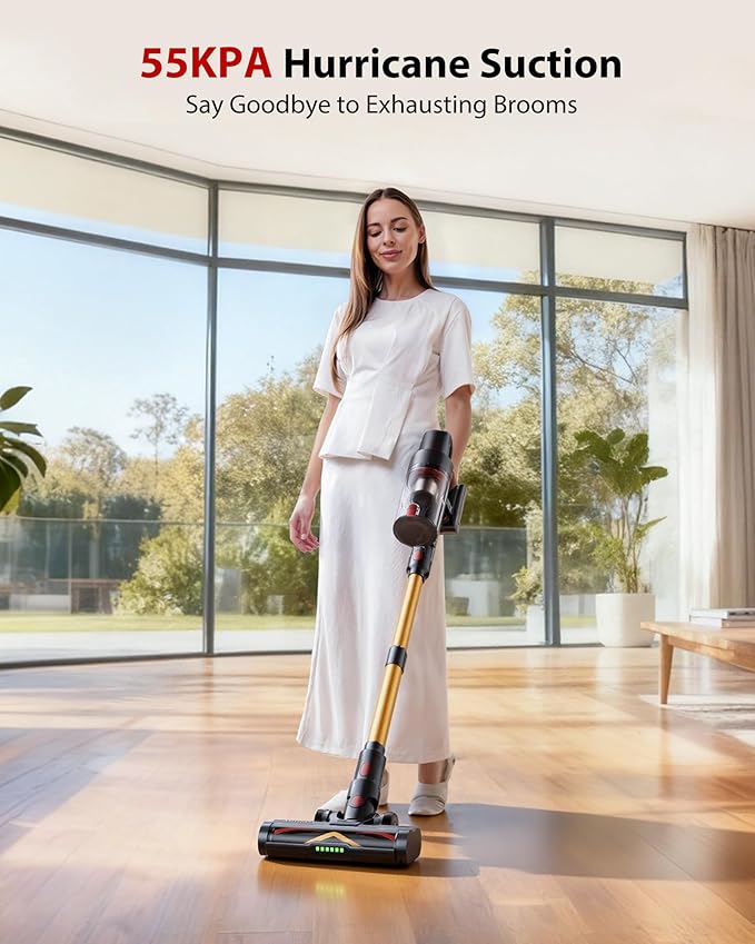 Cordless Vacuum Cleaner 75Mins/55KPa/650W Self-Standing Stick Vacuum Cleaners for Home Rechargeable Lightweight Anti-Static&ampAnti-Tangle Brush for Hard Floor Carpet Hardwoods Pet Hair