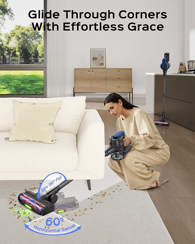 Cordless Stick Vacuum Cleaner – 3-in-1 Brush Roll for Hard Floors and Carpets 55 Min Runtime Rechargeable Lightweight Vacuum with Green LED Headlight for Pet Hair and Dust Cleaning