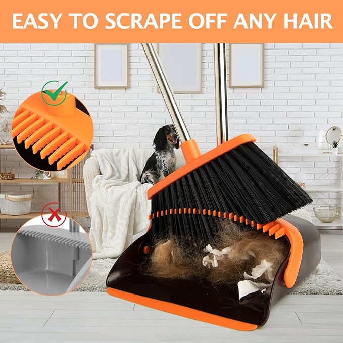 2-Pack Broom and Dustpan Set with Long Handle Heavy Dust Broom and Dustpan Combo for HomeKitchen Office Pet Hair (Brown Orange)
