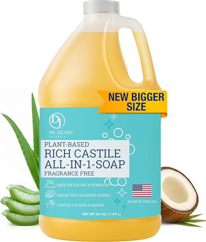 Dr. Jacobs Naturals Pure Castile Soap 64 oz Value Size - Unscented - Made in USA - All-in-One Plant-Based Multipurpose Cleaner for Floors Counters Dishes &amp Laundry Gentle on Skin Biodegradabl