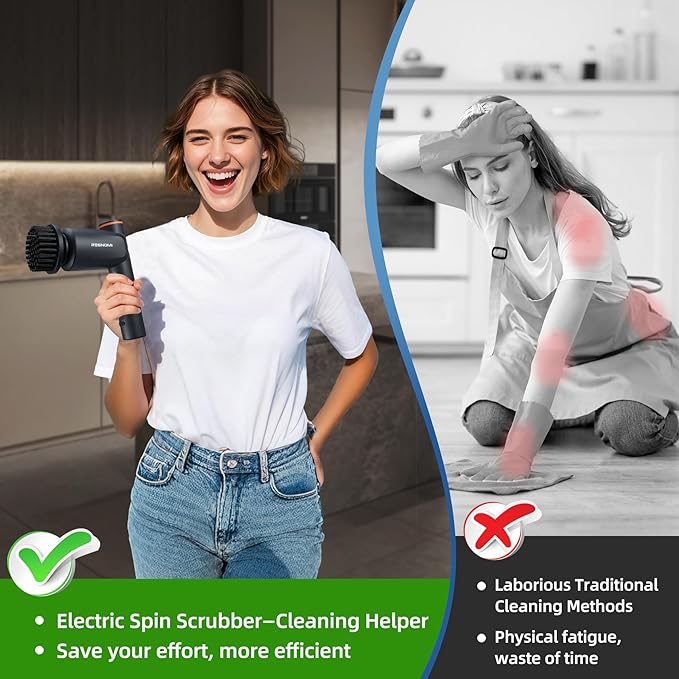 Electric Spin Scrubber Bathroom Shower Scrubber with LCD Display 2 Speeds Electric Scrubber for Cleaning with 6 Replaceable Heads 4-Hour Runtime‌ Cleaning Brush for Kitchen/Car Gray-Black