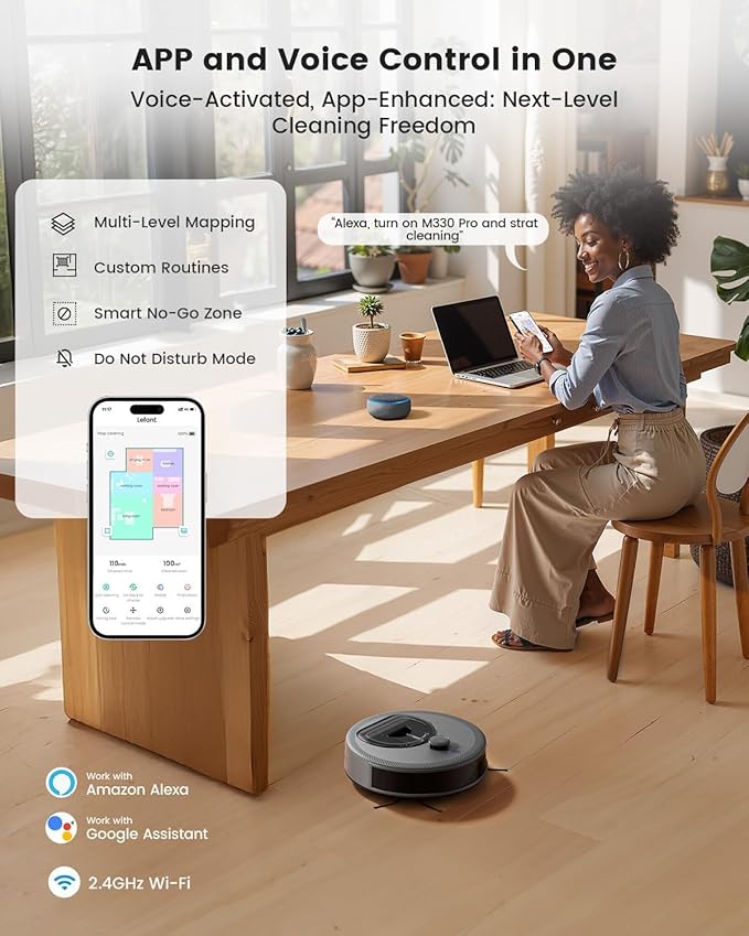 Lefant LiDAR Robot Vacuum and Mop Smart Mapping and Obstacle Avoidance Tangle-Free Pet Hair 2.4G/5G WiFi App Control Slim Design for Wider Coverage Carpet Detection M330 Pro Grey