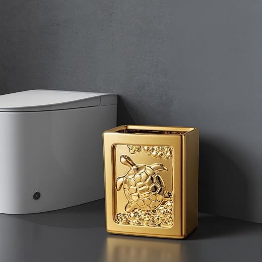 Golden Ceramic Turtle Trash Can - 7L/1.85Gallon Square Garbage Can with Turtle Relief Multi-Use Waste Basket for Kitchen Bathroom Bedroom Office Turtle Decor &amp Small Trash Bin