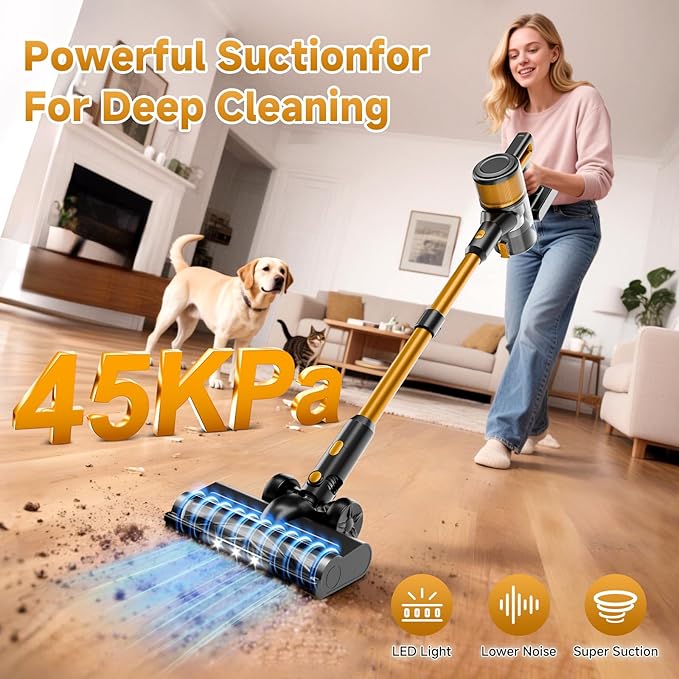 KIKETECH Cordless Vacuum Cleaner Stick Vacuum Cleaners for Home 45kpa Hard Floor Vacuum CleanerLightweight Vacuum for Pet Hair/Carpet/FloorN509