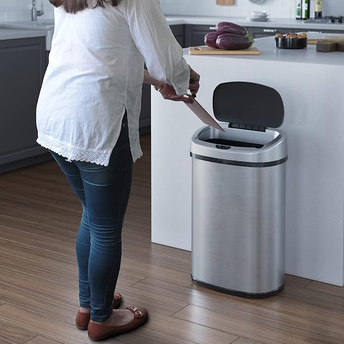SensorCan 13 Gallon Touchless Sensor Odor Control System Stainless Steel Oval Shape Automatic Garbage Bin Base Model Trash Can