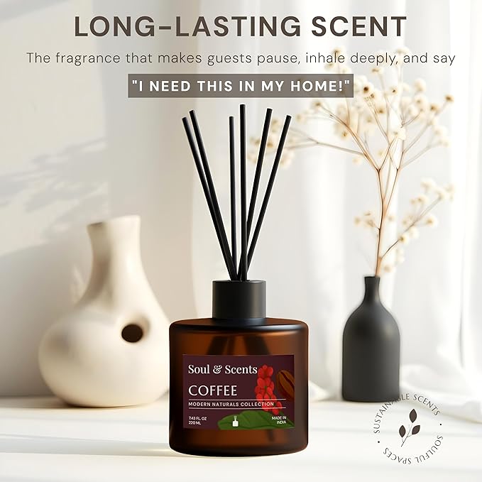 Soul &amp Scents Reed Diffuser Set – Coffee | 7.43 oz Refillable Scented Oil with 6 Fiber Sticks | Long-Lasting Home Fragrance &amp Air Freshener for Bedroom Bathroom Office | Gift &amp Décor Pie