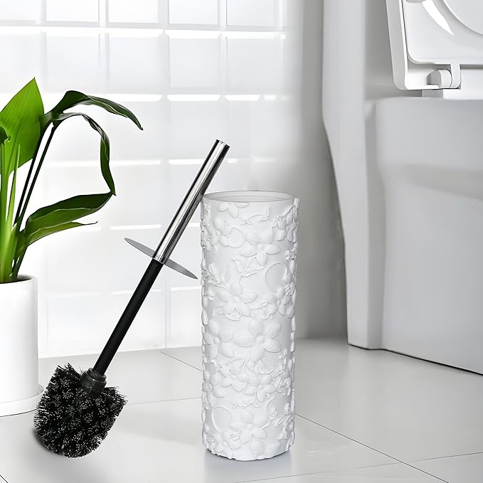 White Floral Design Resin Toilet Bowl Holder and Brush Set Stylish Bathroom Cleaning Tool with Durable Bristles Compact and Functional