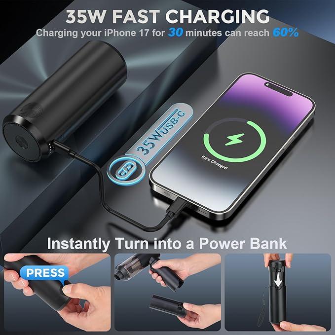 Cordless Handheld Vacuum with 6000mAh Power Bank &amp LED Light – 3-in-1 Car Vacuum Air Blower &amp Phone Charger 20000Pa Strong Suction 1lb Mini Vacuum for Car Home Pet Hair &amp Travel