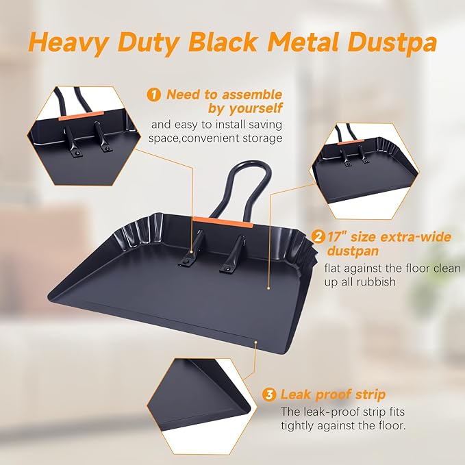 Heavy-Duty Black Metal Dustpan17Dust Pan with HandleLarge Dust PansIdeal for Industrial/Commercial/Indoor/Outdoor Professional Debris Collection &amp Home Cleaning (17inch_1PCS)