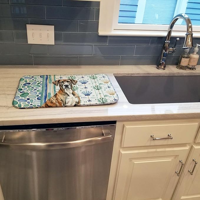 Caroline's Treasures Brindle Great Dane Coastal Sea Glass Dish Drying Mat Absorbent Dish Drying Mat Pad for Kitchen Counter Dish Drainer Mat for Countertop 14 x 21 Multicolor