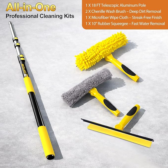 24FT High Reach Window Squeegee with Extension Pole 2-1 Window Washing Kit with 5-Stage Telescopic Pole &amp Rotatable Head No-Ladder Window Cleaner for High Window Solar Panel RV &amp Outdoor G