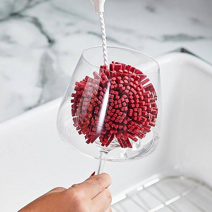 Wine Enthusiast Interchangeable Glassware Cleaning Brush Set – 5-Piece Bamboo Handle with Specialized Brush Heads for Wine Glasses Decanters and Barware Cleaning