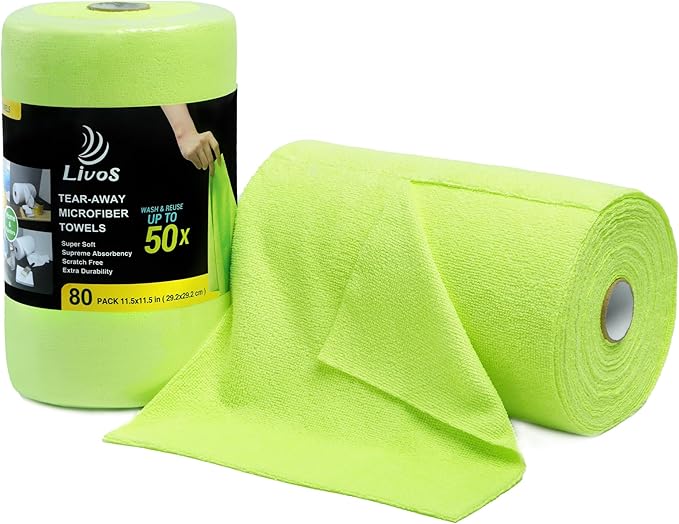 LIVOS Microfiber Cleaning Cloth Roll - 80 Pack Reusable Paper Towels Green Tear Away Microfiber Towels for Car Super Absorbent Lint Free Cleaning Rags for House Kitchen Window-11.5x11.5