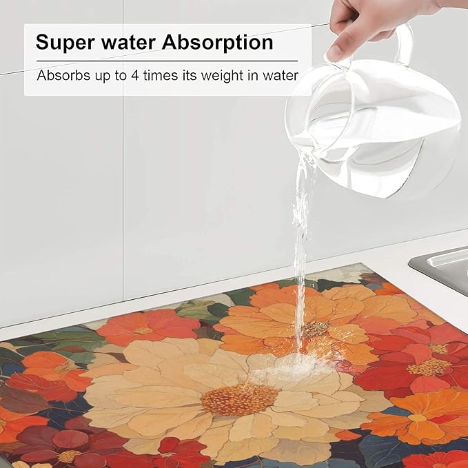 Colorful Floral Dish Drying Mat for Kitchen Counter 16x18 Microfiber Absorbent Fast Dry Mat 2Pcs Dish Mat Faucet Mats Sets Large Drying Kitchen Mat Kitchen Drying Pad Coffee Bar Decor Gifts