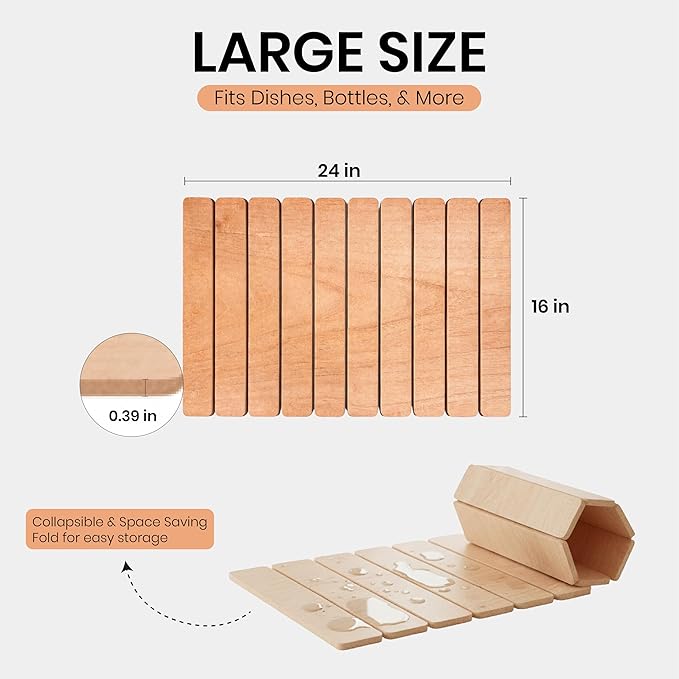Large Stone Drying Mat 24x16 – Diatomaceous Earth Stone Dish Drying Mat – Foldable Ultra-Absorbent &amp Quick-Drying Countertop Protector for Cups Plates Utensils &amp Cookware - Wood Grain Tex