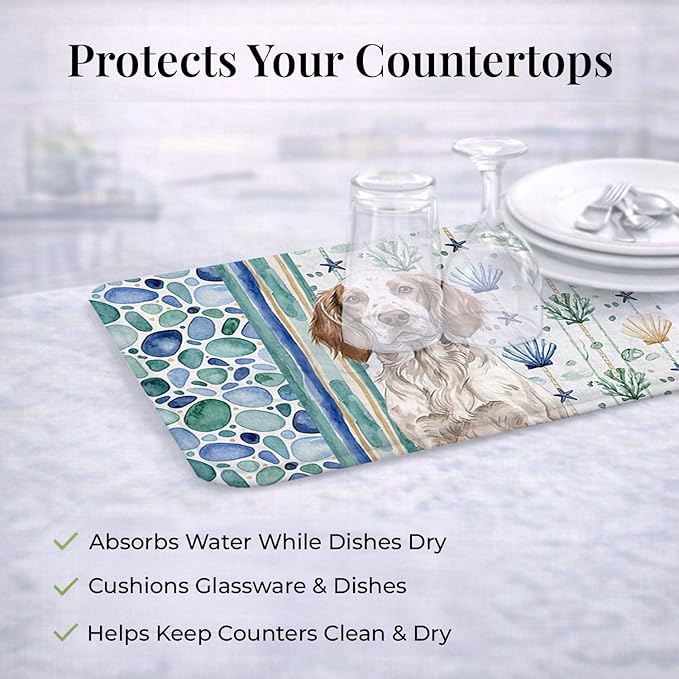 Caroline's Treasures Liver Belton English Setter Coastal Sea Glass Dish Drying Mat Absorbent Dish Drying Mat Pad for Kitchen Counter Dish Drainer Mat for Countertop 14 x 21 Multicolor