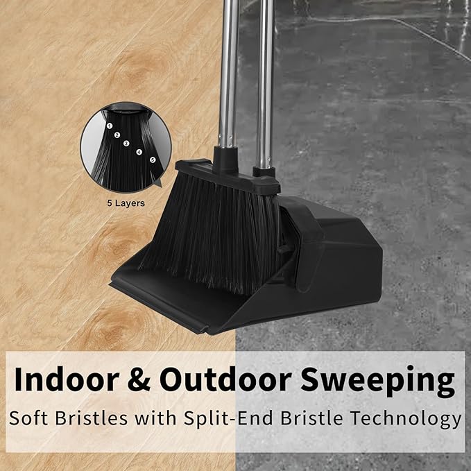3-Pack Broom with Dustpan Combo Set Commercial Broom and Dustpan Set Dust Pan with Long Handle 51'' Large Brooms with Self-Cleaning Dust Pan Teeth for Restaurant Lobby Garage - Black