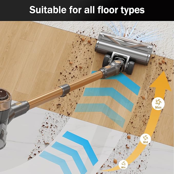 Cordless Vacuum Cleaner 10-in-1 Lightweight Stick Vacuum with 45mins Runtime Powerful Suction LED Touch Screen Rechargeable Vacuum Cleaners for Home Hardwood Floor Carpet Pet Hair (Gold)