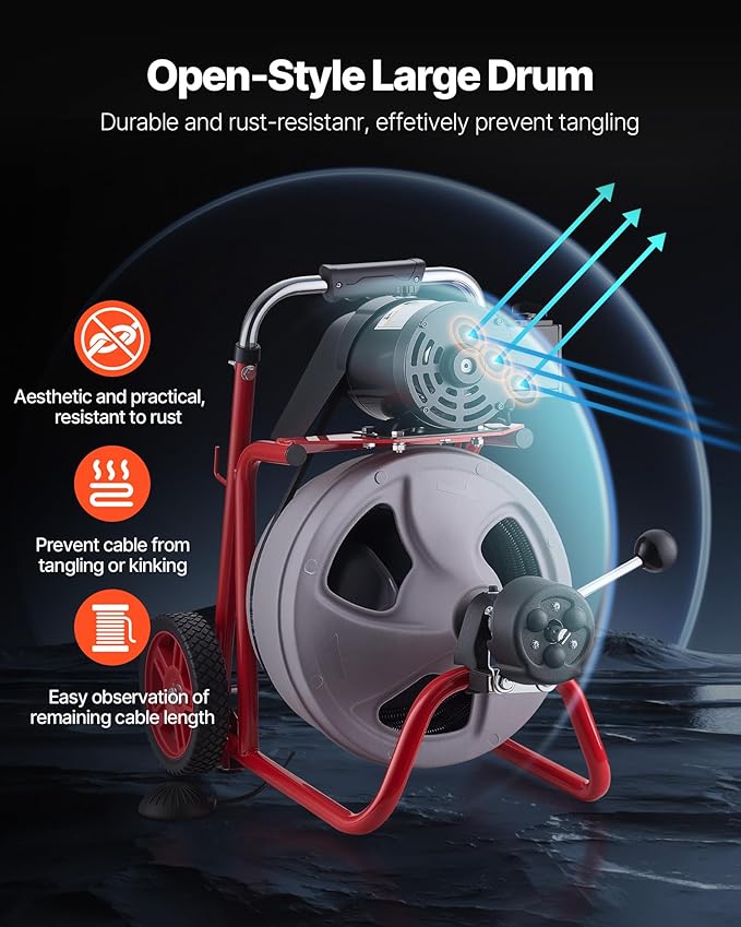 VEVOR Drain Cleaner Machine 75 FT x 3/8 Inch Auto Feed Sewer Snake Drain Auger on Wheels Portable Drain Cleaning Machine with 8 Cutters &amp Air-Activated Foot Switch for 2 to 4 Pipes