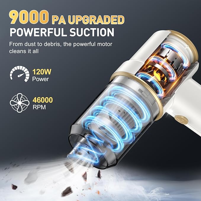 KMM Handheld Car Vacuum Cleaner 9000PA Vacuum Cleaner &amp Air Duster 120W High Power Vacuum Portable Cordless Hand Held Vacuum Rechargeable with Multi-Nozzles &amp LED Light for Home Car Offic