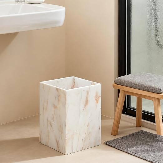 Elegant White Gold Marble Wastebasket Trash Can 7 X 7 X 9 Rectangular Trash Can with Natural Veining Marble Basket for Bathroom Bedroom Powder Room