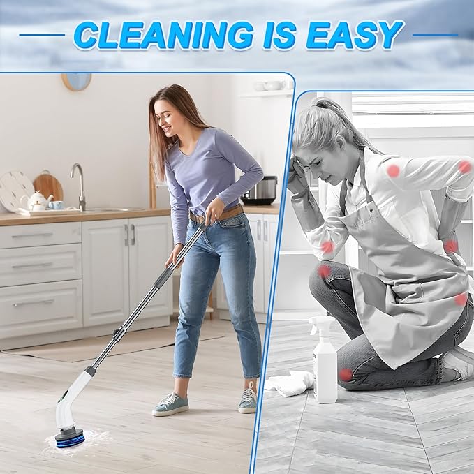 Electric Spin Scrubber 550 RPM Cordless Home Cleaning Brush with Extended Handle 3 Speeds 8 Replacement Heads IPX7 Waterproof LCD Display – Power Shower Scrubber for Bathroom Tub Floor Tile