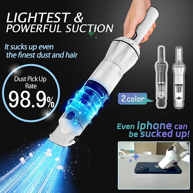 Handheld Vacuum Cordless 25000PA Super Lightweight 1lb with Powerful Suction Charging Dock Car Charger Single Touch Empty and Detachable Dust Cup Portable Mini Car Vac White